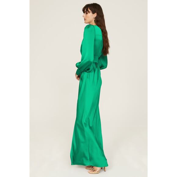 Ramy Brook Madeline Green Satin Plunge Neck Long Sleeve Gown Size 8 - Picture 2 of 16
